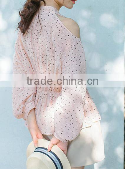 2017 wholesale summer women tie neck cold shoulder long sleeve print blouse