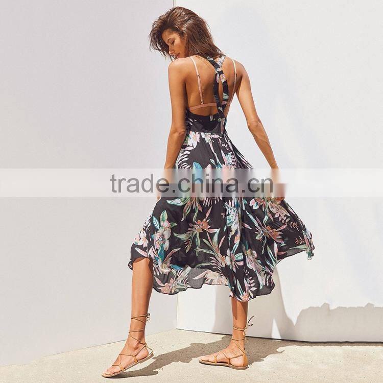 HAODUOYI Fashion Flora Printed Spaghetti Strap Women Dress Cross Backless Waistband Slip Midi Female Vestidos for Wholesale