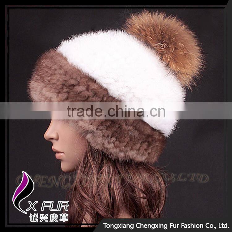 CX-C-235N New Design Knitted Animal Mink Fur Pom Pom Beanie Hats Wholesale