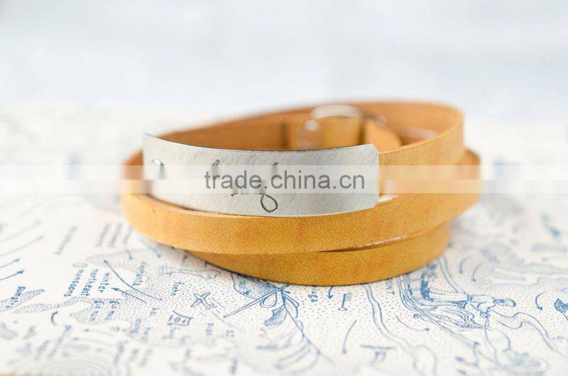 personalized leather wrap bracelet, custom logo hand-stamped leather bracelet, adjustable leather wrapped bracelet