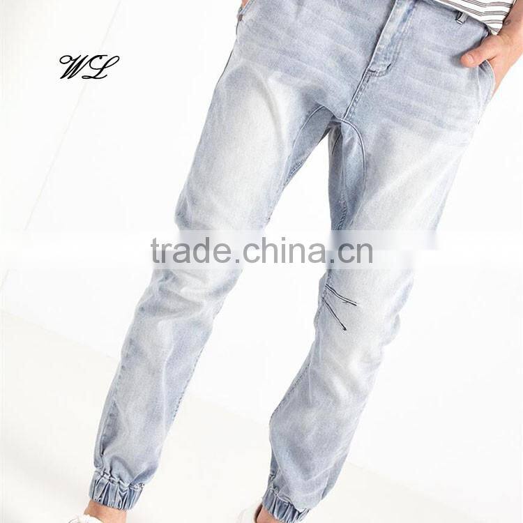 Men Denim Fabric Elastic Hem Harem Pants Customised Man Jean