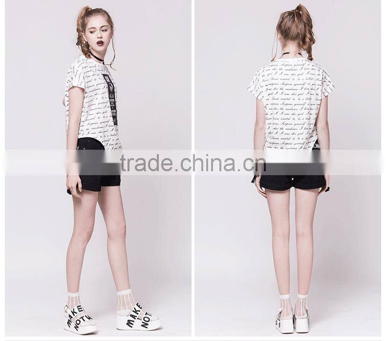 Fashionable short sleeve women all over body digital t-shirt printing with unregular bottom