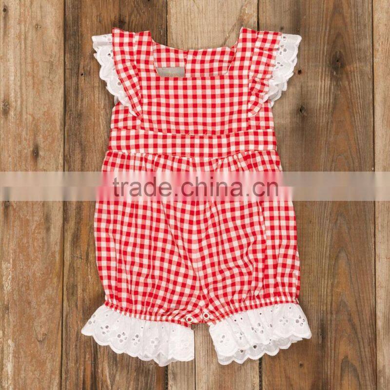 Girls Red Check Lace Bubble 4th of july Romper For Baby Kids