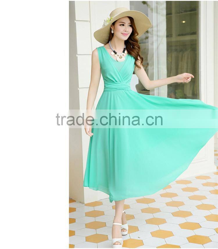 2016 Summer Hot sale Sleeveless V neck Long dress skirt for girls beach dress