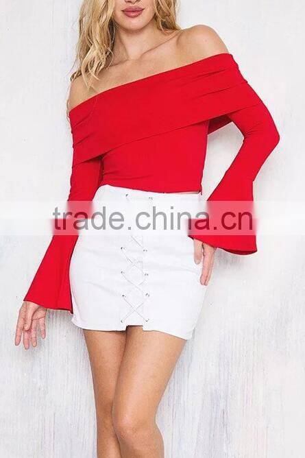 Runwaylover EY2337B 2017 Women Flare Sleeve Fashion Off-Shoulder Knitted Blouse