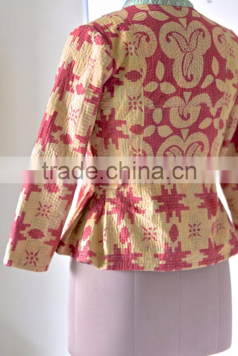 Handmade Kantha Boho Jacket in Green & Burnt Orange print ~ Small