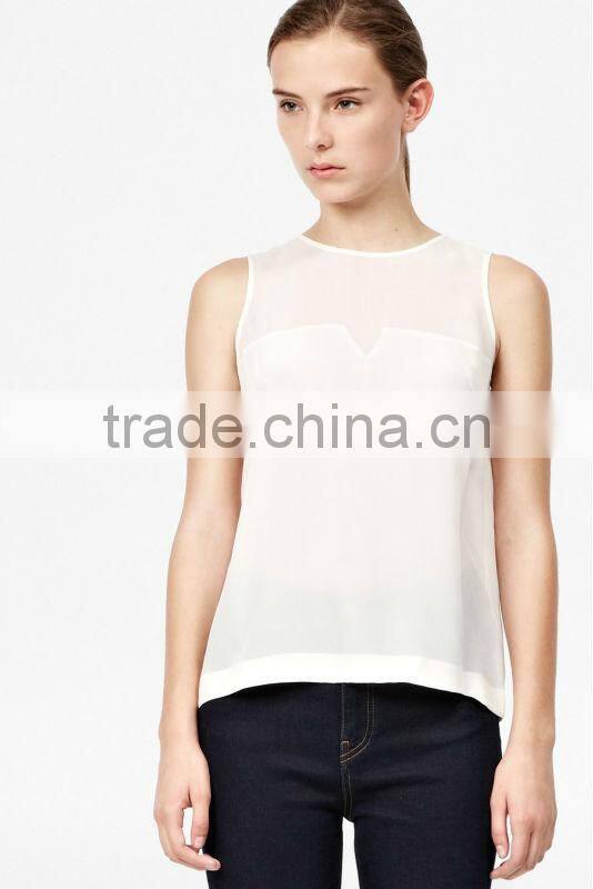 Round Neck Sleeveless Chiffon Blouse with Sheer Top
