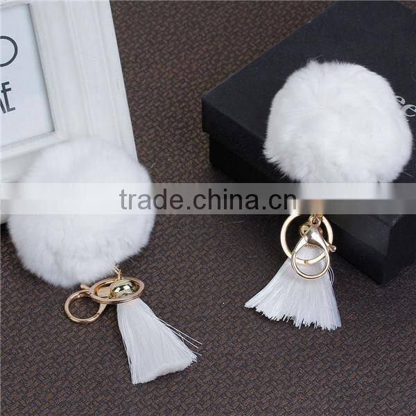 Cheap Wholesale gold Plated White Angora Pom Pom Ball Rayon Tassel Keychain