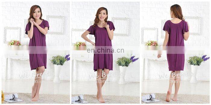 Ladies' eco-friendly bamboo fiber round neck night gown solid color FD