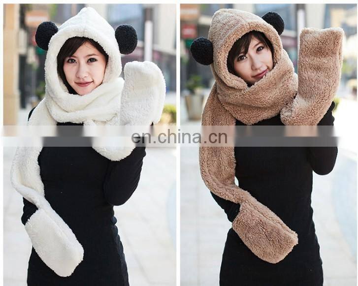 Christmas Present Warm Winter Fluffy Earflap Hooded Scarf Hat Glove