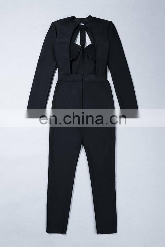 Amigo 2017 new design sexy women evening wear black long sleeve high neck backless cut out bodycon bandage jumpsuit for girls