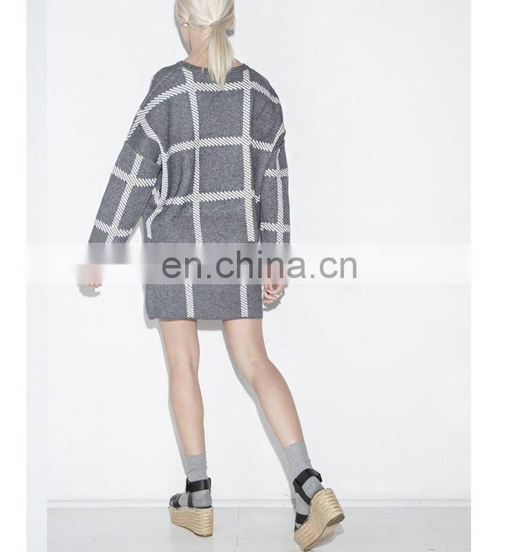 Manufacture wholesale clothing with grey grid check stripe long sleeve mini knit dress bureau