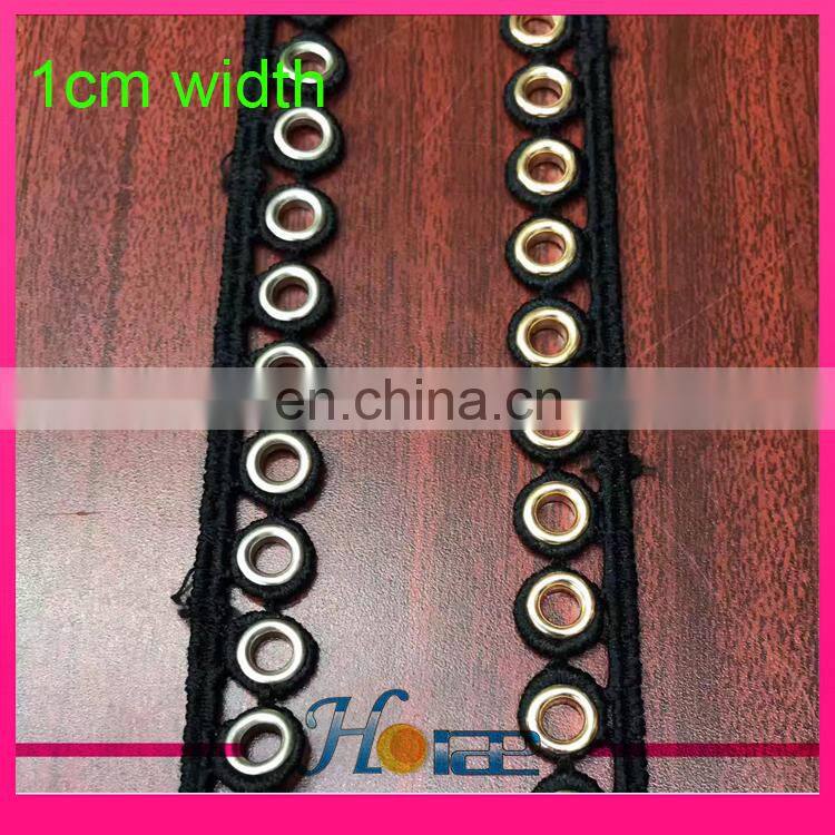 Latest design gold metal grommet eyelet black polyester lace trimming for garment and shoe