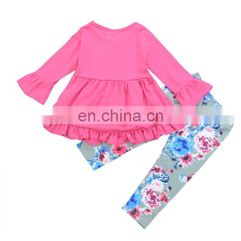 Wholesale Baby Girl Sets Fahion Design Pink Floral Ruffle Kids Girl Boutique Outfits