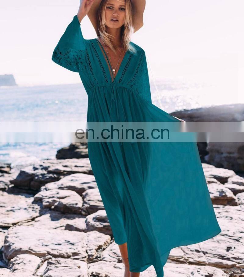 Elegant Lace Patchwork Button Front Open Long Sleeve White Cotton Beach Dress Women Swimwear Cover Up Beach Tunic Plus Size