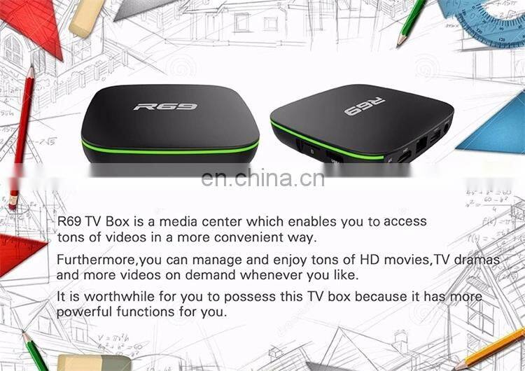 Hot selling Allwinner H3 chip android tv box 1/2GB 8/16GB R69 with 2.4G wifi android smart tv box