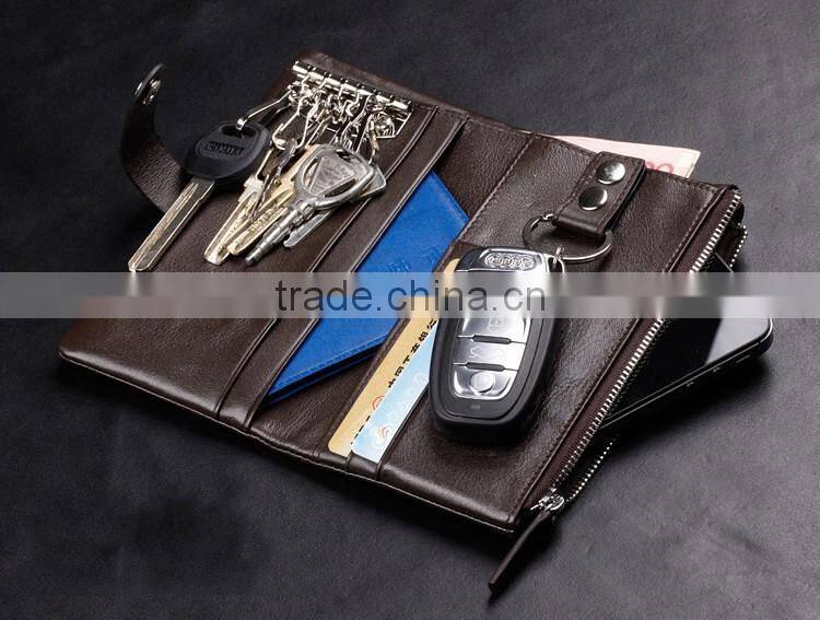 Top oil wax cowhide leather car key case key holder for men Multi-functional wallet with wristlet