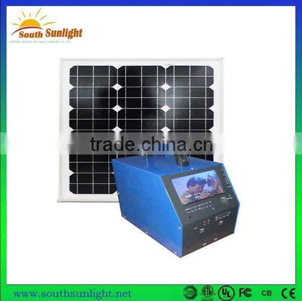 2015 factory 50W Portable solar TV with vedio and radio, solar home power system for small homes, solar power bank