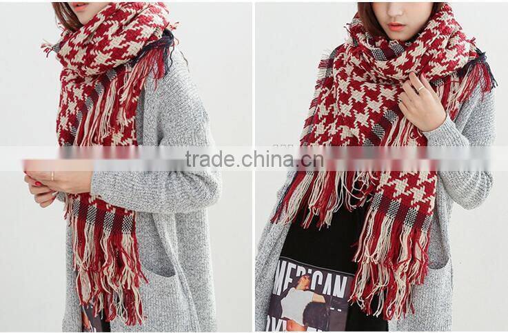 Latest Design Fringed Tassel Houndstooth Jacquard Fashion Woman Cashmere Scarf