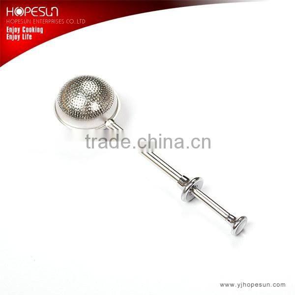 Ball shaped stainless steel tea strainer with push handle