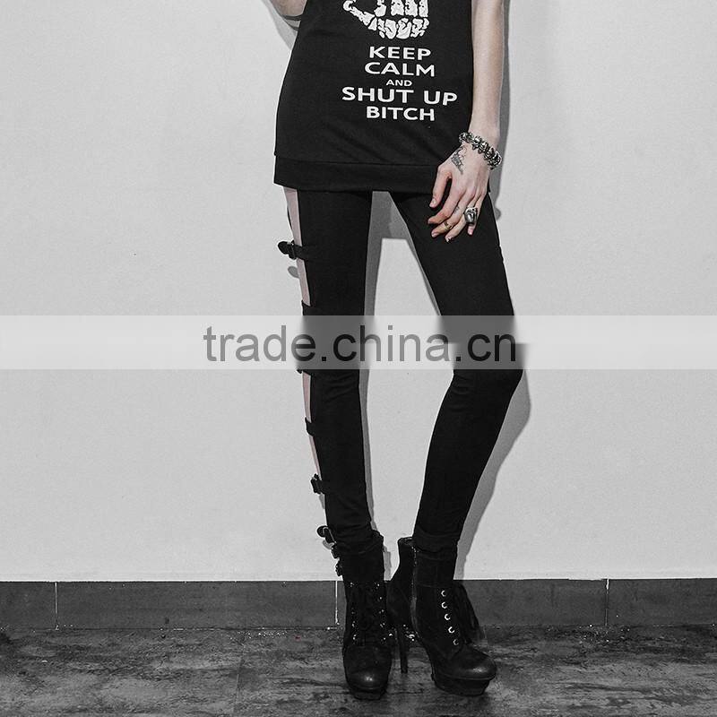 PK-060 Black sexy women adjustable buckle elastic waistband skinny hollow out pants