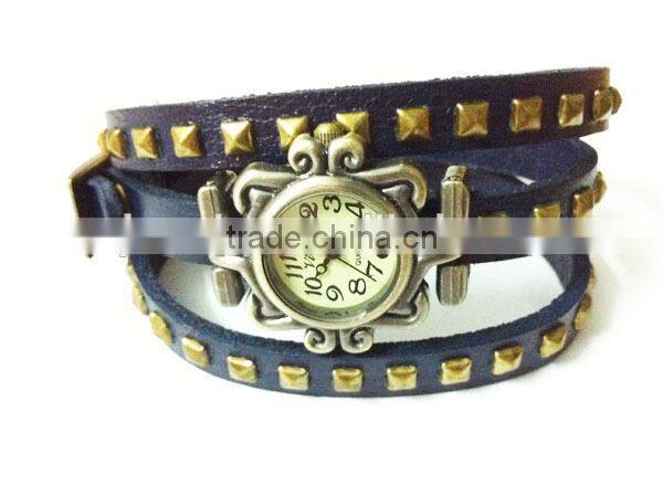 SWH 0651-3 China wholesalef genuine leather squre nail strap wrap ladies bracelet wrist watch