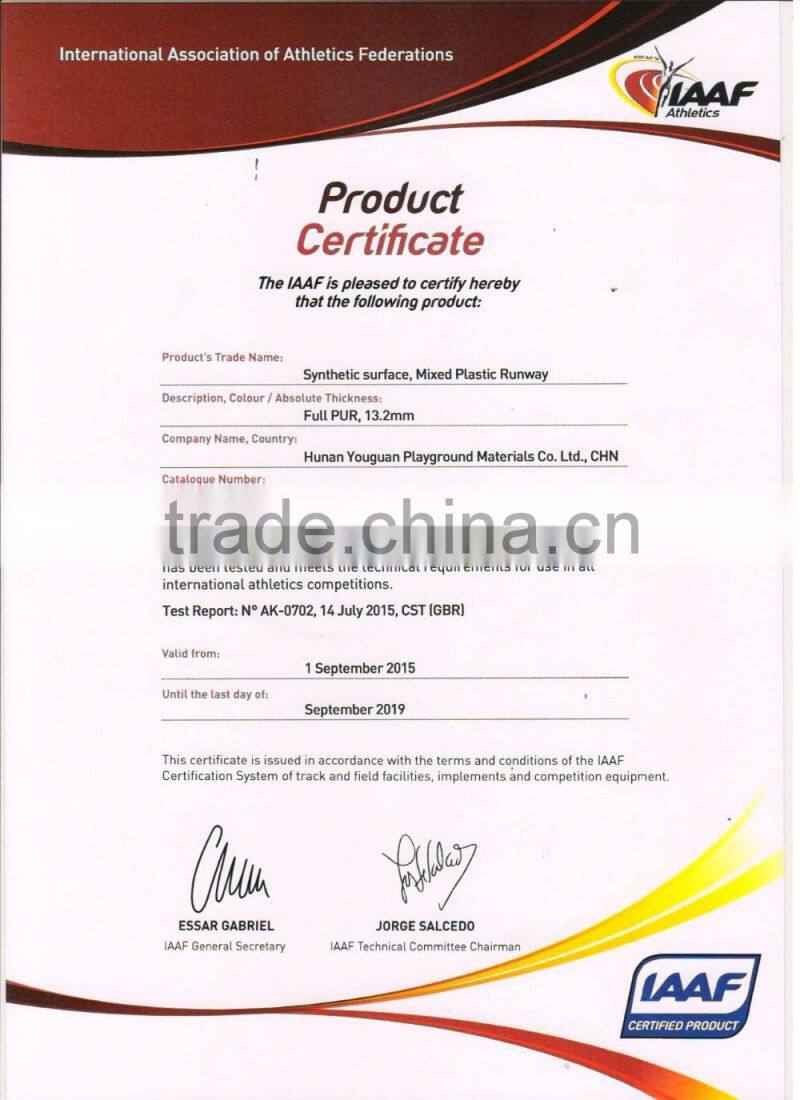 IAAF certified all weather 13mm synthetic rubber running track materials