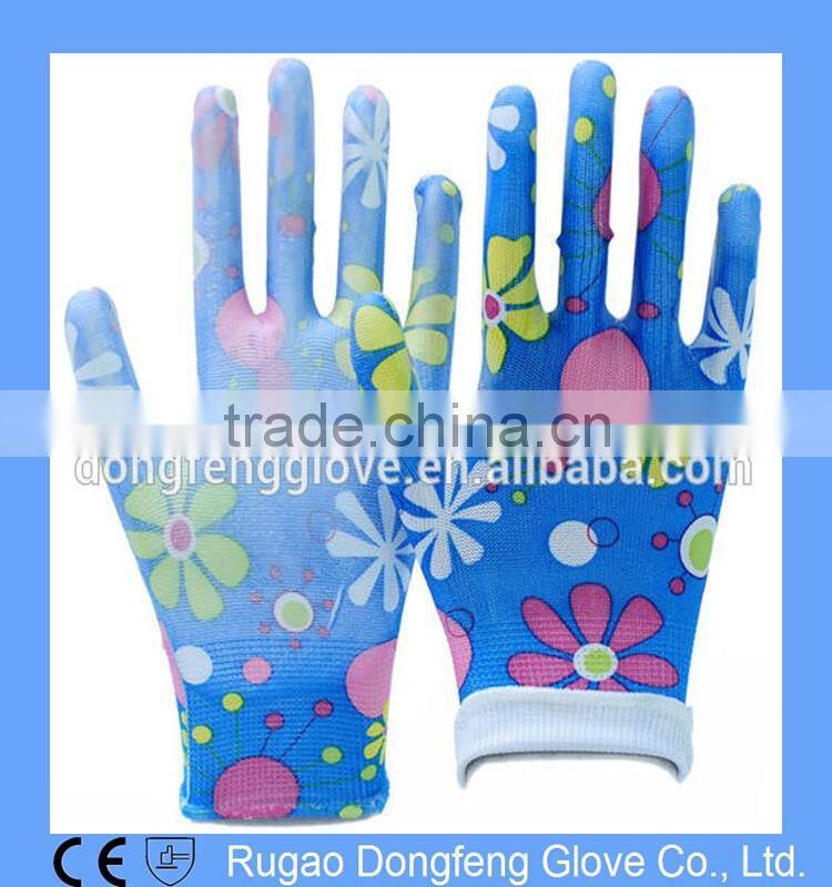 Polyester Printing Transparent Nitrile Coated Gardening Gloves