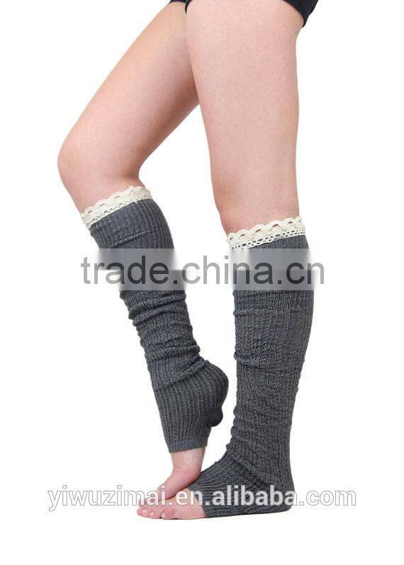 High quality cotton adult knitted knee high leg warmers ruffled lace winter women boot socks leg warmer 5 colors