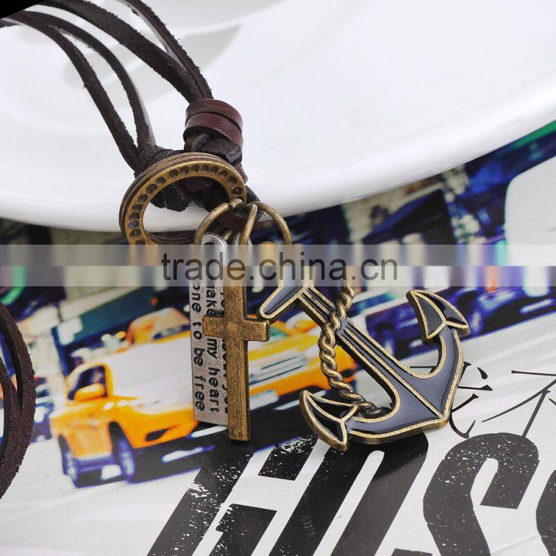 Genuine Leather Necklace with Antique Brass Anchor Pendant.