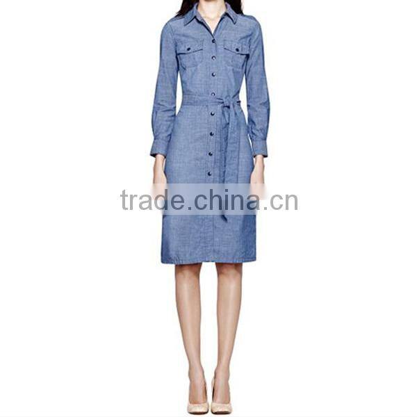 2015 Bohemian blue buttons long sleeve waistband women long dress jeans new fashion ladies dress JXQ868