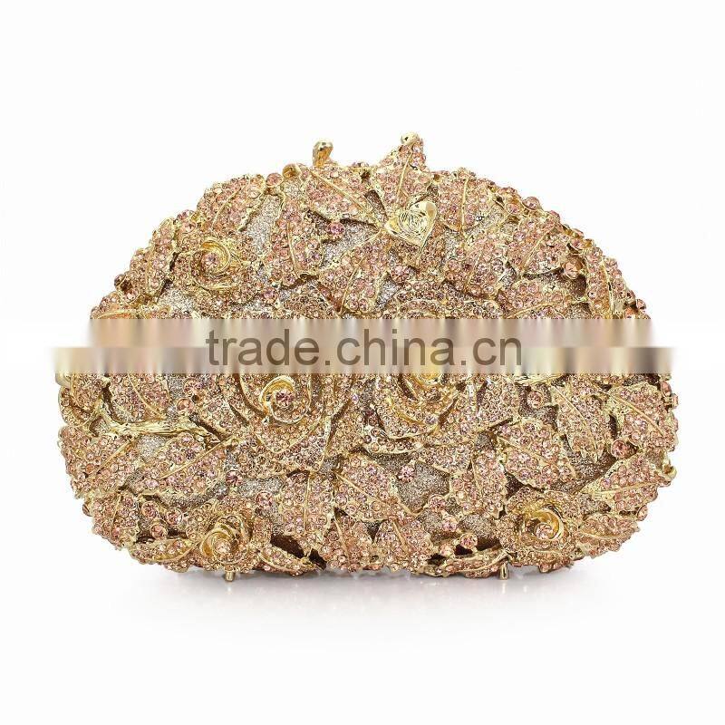 2016 Newest latest india Rhinestone Crystal gold rose pattern party wear clutch gem purse (88162A-C)