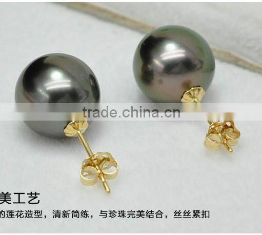 18K gold AAA peacock green tahitian pearl earrings