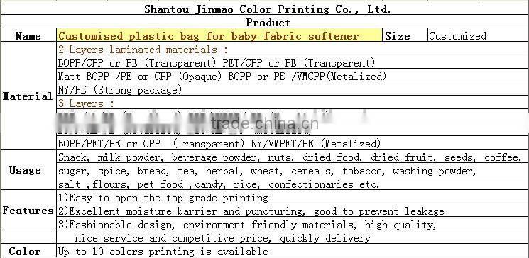 Customised plastic bag for baby fabric softener