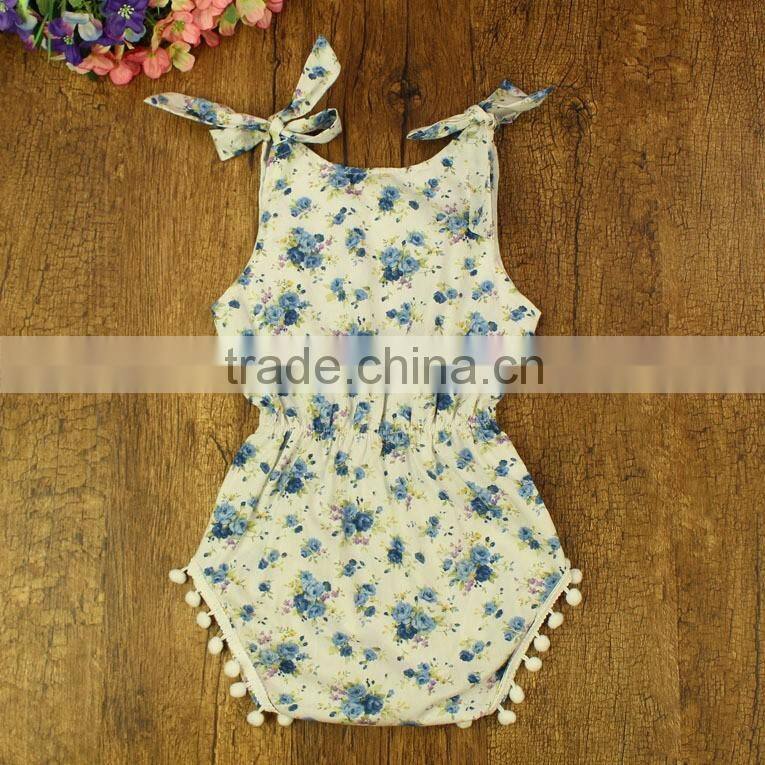 Wholesale baby clothes cheap girl floral knit cotton romper with pom pom cotton baby clothing floral vintage girls bodysuits