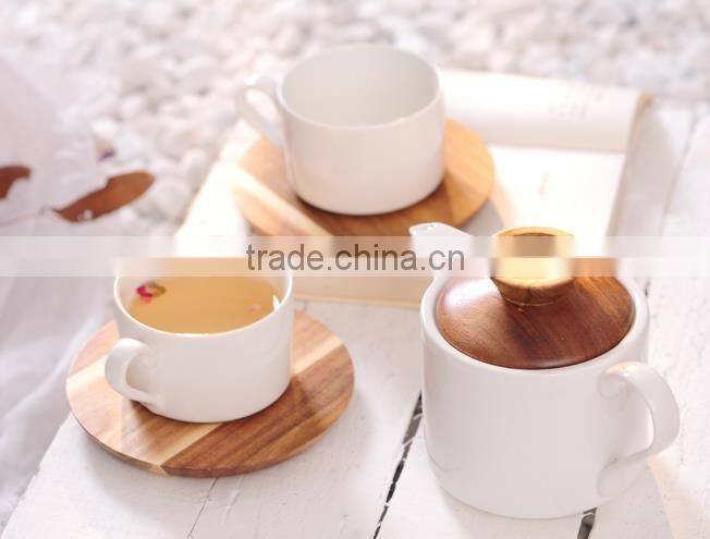 Ceramic Porcelain Espresso Coffee Cup & Wood Saucer Sets
