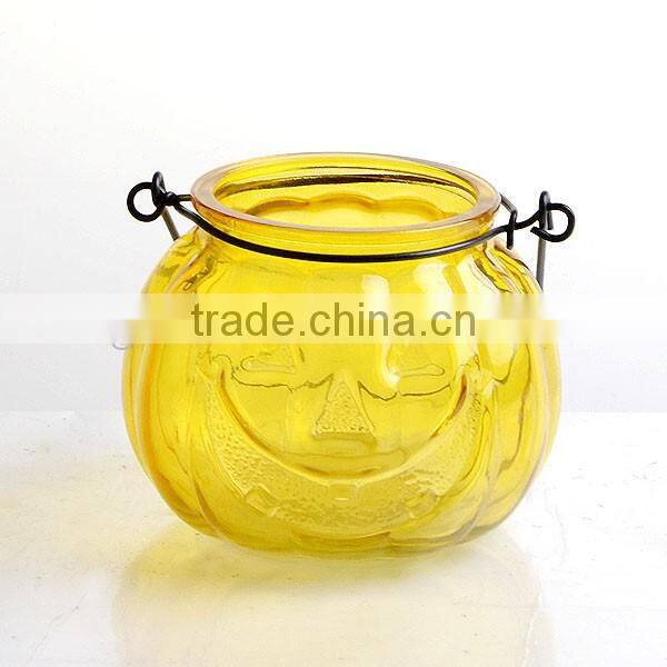 halloween theme pumpkin glass candle holder with handle