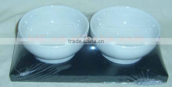 Set of 2 round ceramic tapas bowl set with wooden tray