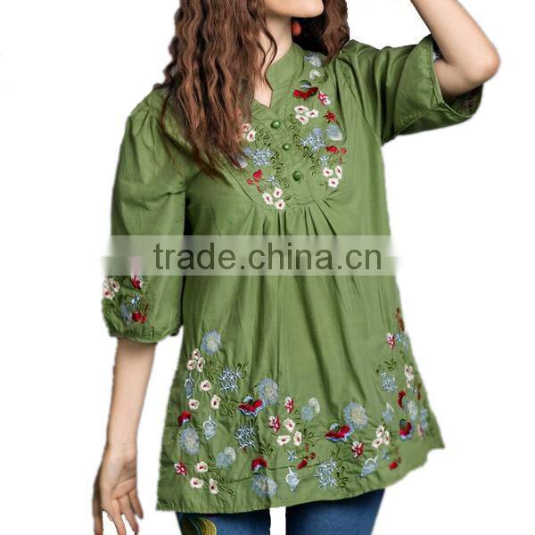 Wholesale ladies tops cheap price half sleeves mature linen and cotton ladies embroidered blouse