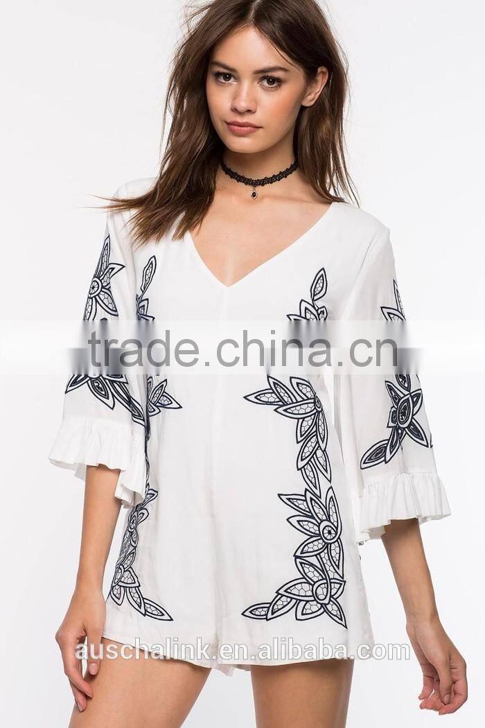 new style girls white bold embroidered floral cheap romper