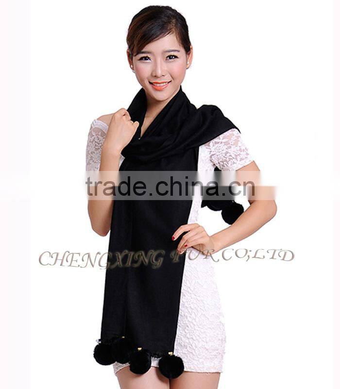 CX-B-P-42C Fur Ball Fashion Women Pashmina Wide Shawl