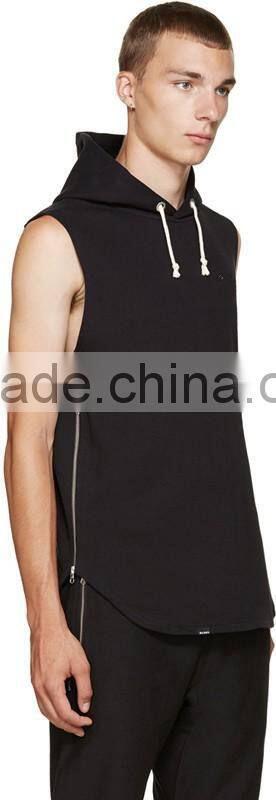 Sleeveless French terry vest hoodie Beige drawstring hood custom Embroidered logo Zipper at sides Shirt-tail hem