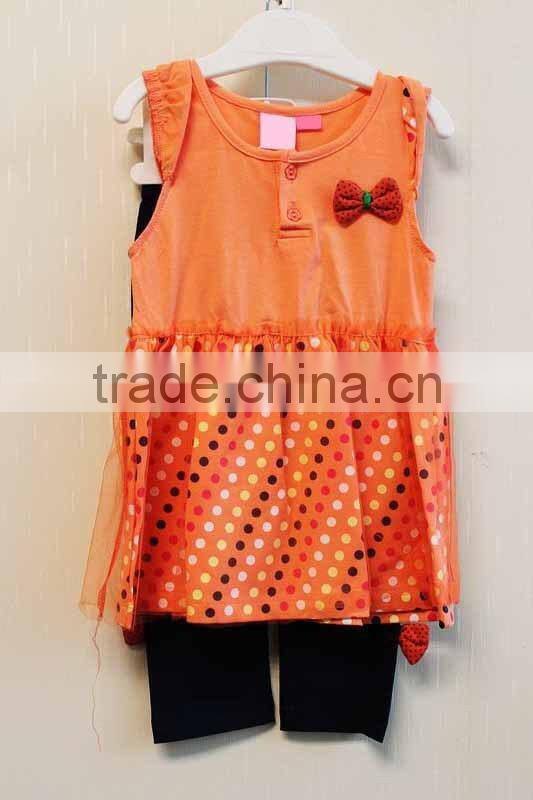 Summer New Style Baby Girl Short Sleeve Dress Set Orange Casual Dress With Bow-knot TP-7957