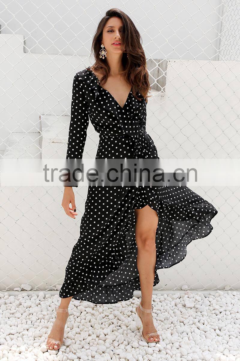 Evening Dress Long Sleeve Polka Dot Ruffle Wrap Women Maxi Dress Vestidos Beach Long Dress