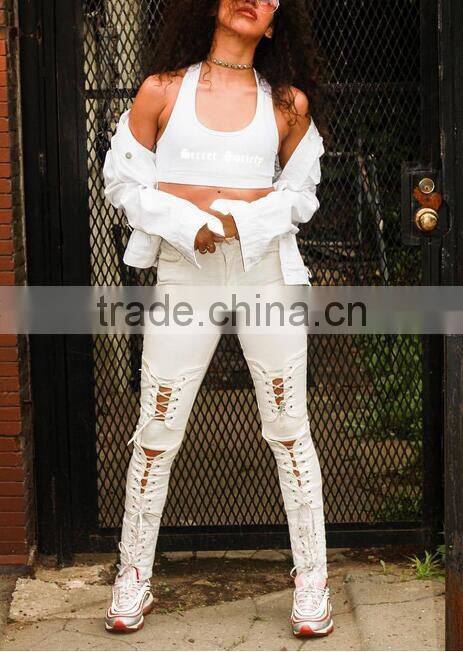 M1192 Runwaylover hollow cross bandage tight pants autumn demin pants