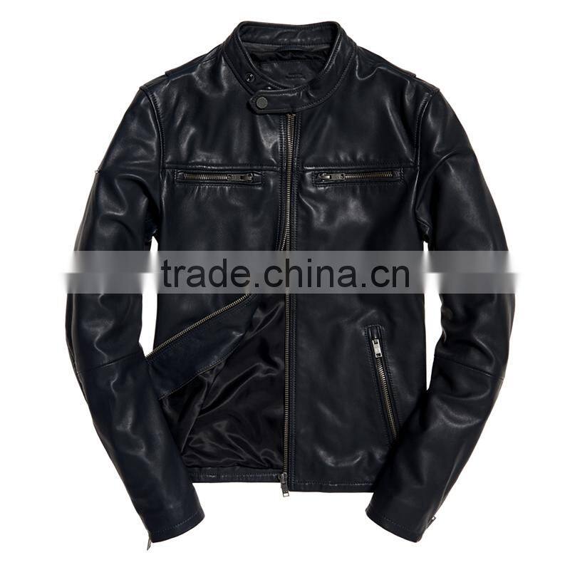 Classic real hero collarless round neck biker waterproof leather men jacket