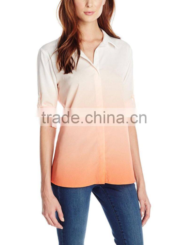 Women's Dip Dye Roll Sleeve gradient Top shirt clothes
