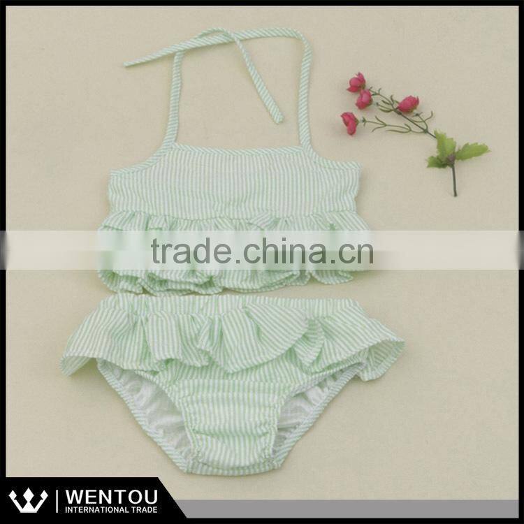 Wholesale Ruffled Kids Two Piece Seersucker Swimsuit