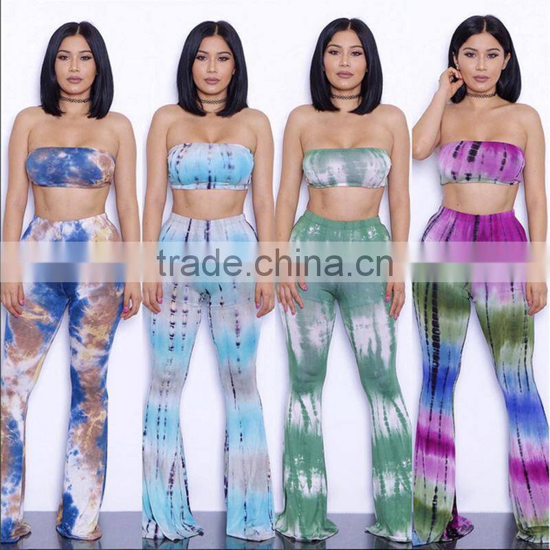 khaki gradient bell bottomed pants and top set /22 color xayn printed wide legging flare trousers and top two piece set