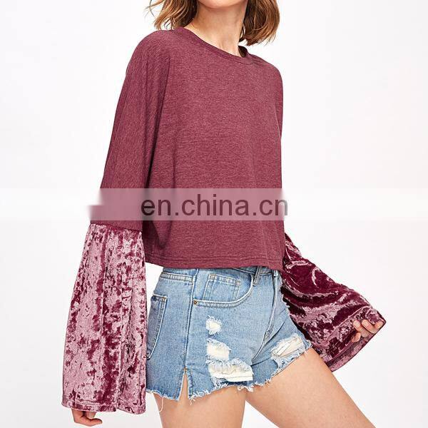 Wholesale crewneck sweatshirt plain sweatshirt custom velvet bell sleeve mixed top